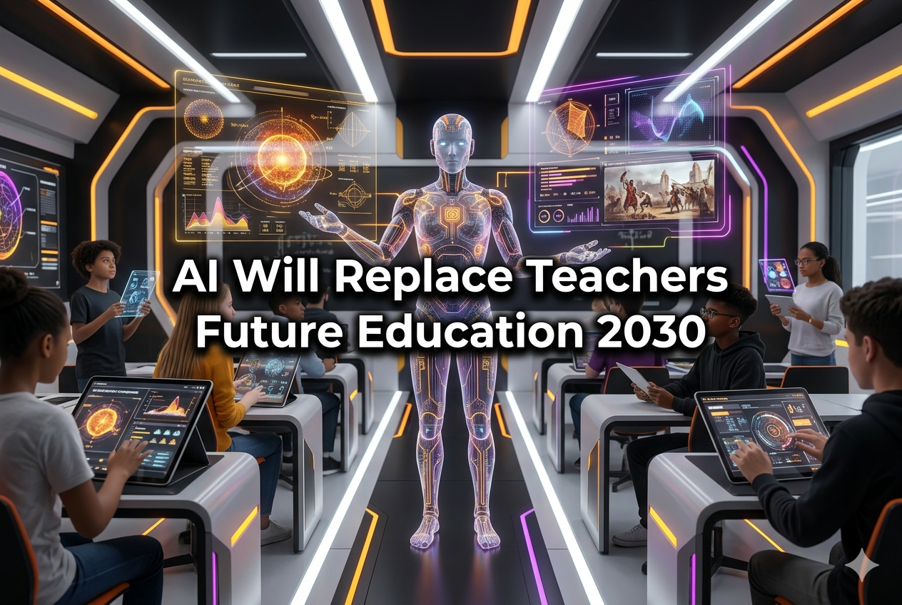 AI replacing teachers in future education classrooms with students learning through digital AI systems