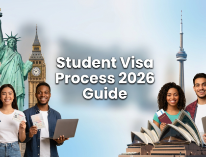 Students holding passports and visa documents representing study abroad journey 2026 for USA UK Canada Australia