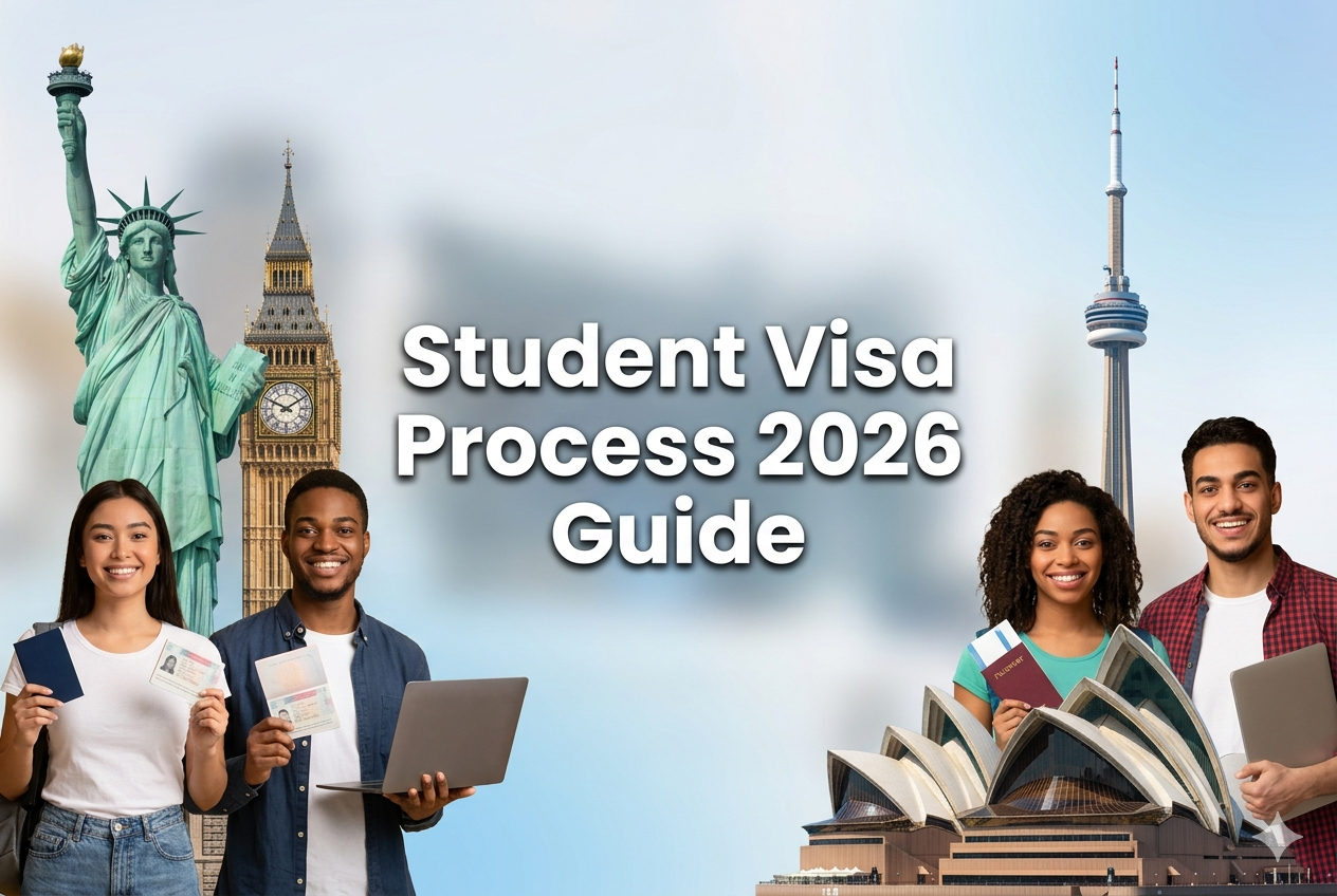 Students holding passports and visa documents representing study abroad journey 2026 for USA UK Canada Australia