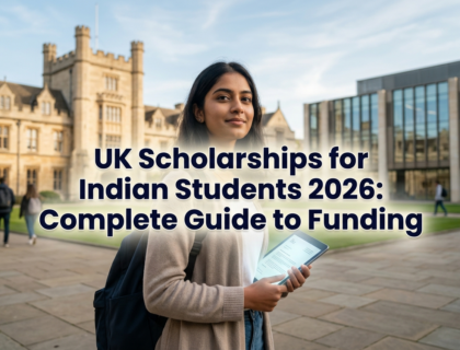 Indian student standing in front of a modern UK university building holding a scholarship approval document, representing UK scholarships for Indian students in 2026.