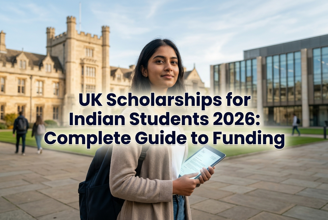 Indian student standing in front of a modern UK university building holding a scholarship approval document, representing UK scholarships for Indian students in 2026.