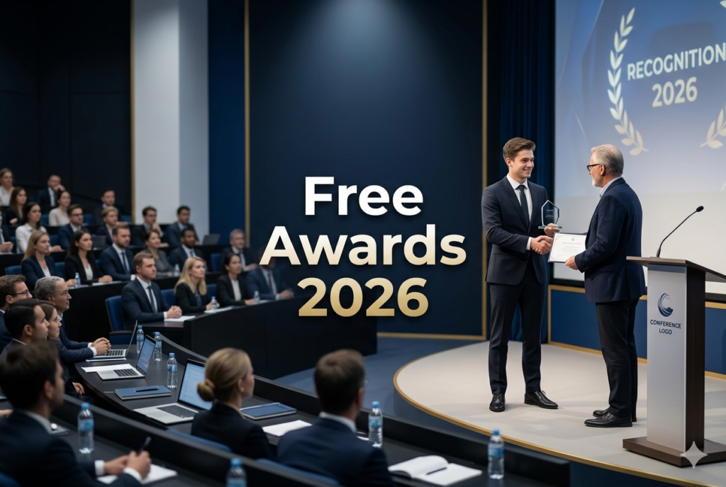 Student receiving an award certificate in a professional ceremony representing free awards apply without entry fee 2026