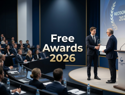 Student receiving an award certificate in a professional ceremony representing free awards apply without entry fee 2026