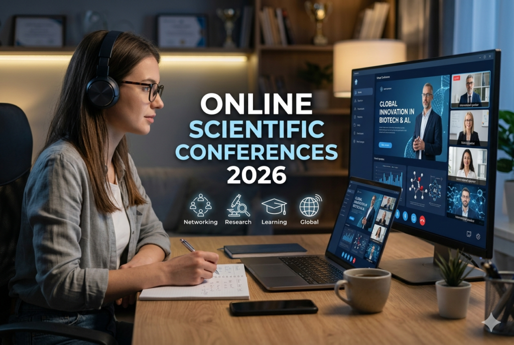 Student attending online scientific conference 2026 from home on laptop with professional virtual research environment