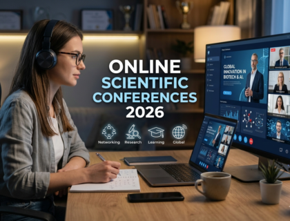 Student attending online scientific conference 2026 from home on laptop with professional virtual research environment