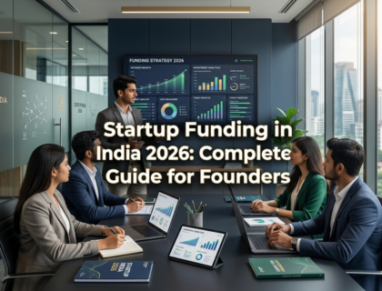Startup founders presenting business pitch in modern office with funding charts and investor presentation screen titled Startup Funding in India 2026