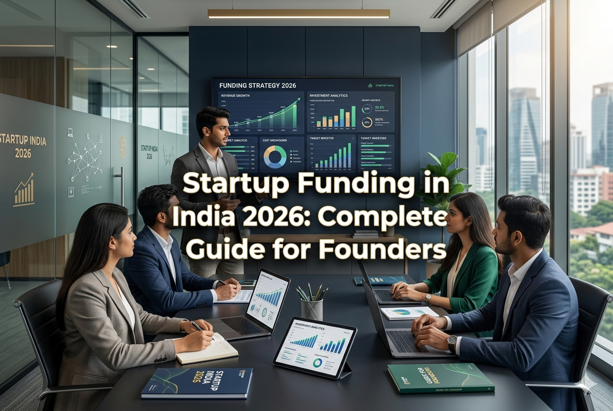 Startup founders presenting business pitch in modern office with funding charts and investor presentation screen titled Startup Funding in India 2026