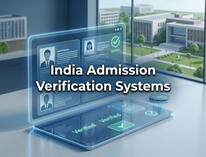India admission verification systems showing AI-based digital document verification for university admissions in India with futuristic education technology interface