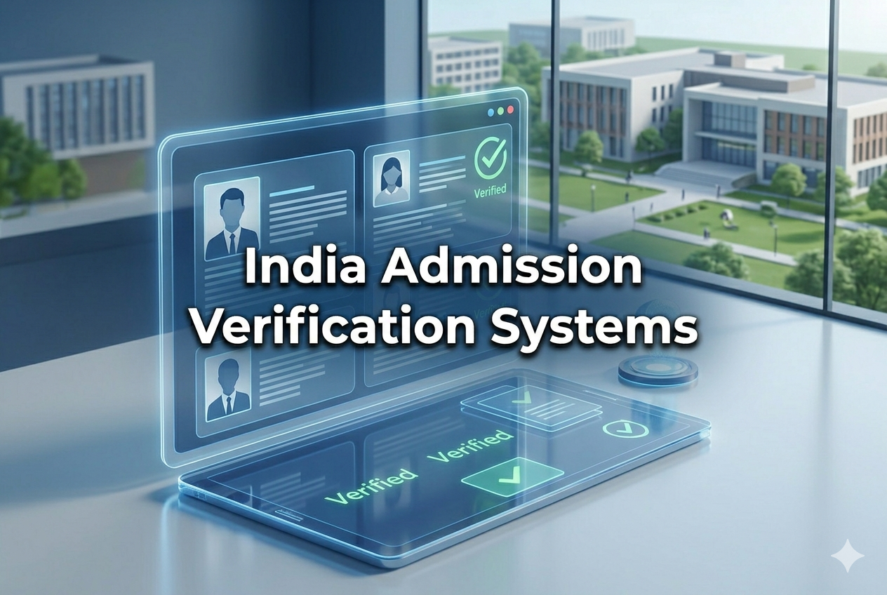 India admission verification systems showing AI-based digital document verification for university admissions in India with futuristic education technology interface