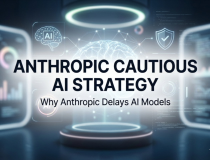 Anthropic Cautious AI Strategy feature image showing AI safety concept with futuristic technology background and centered title
