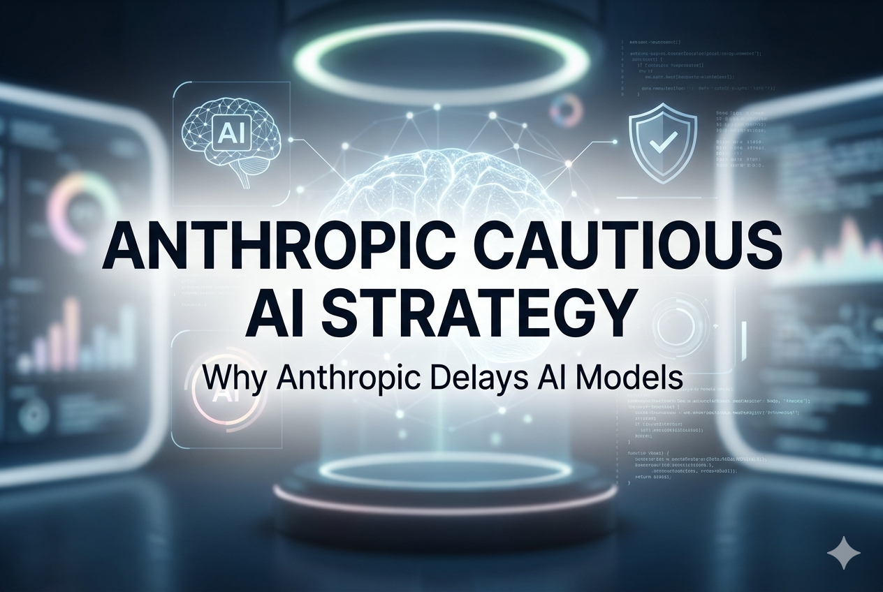 Anthropic Cautious AI Strategy feature image showing AI safety concept with futuristic technology background and centered title