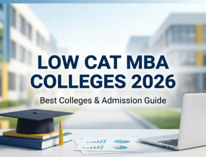 Low CAT MBA Colleges 2026 feature image showing MBA admission guide with university background and study elements
