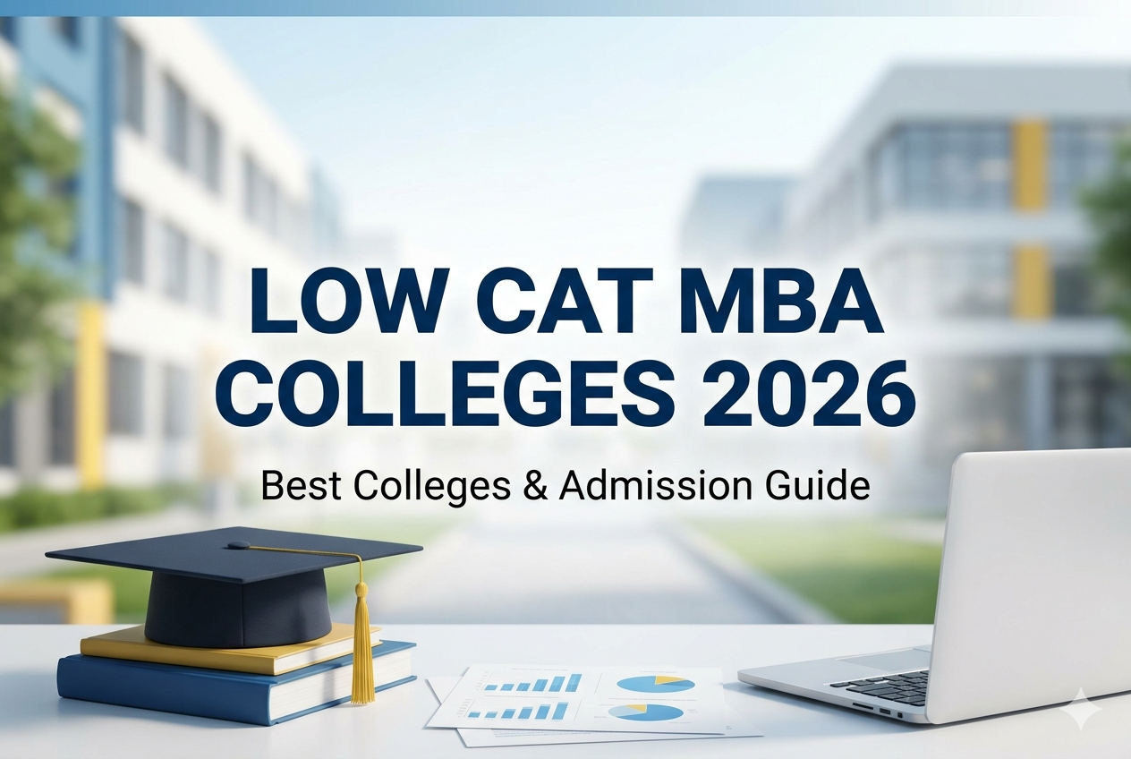 Low CAT MBA Colleges 2026 feature image showing MBA admission guide with university background and study elements
