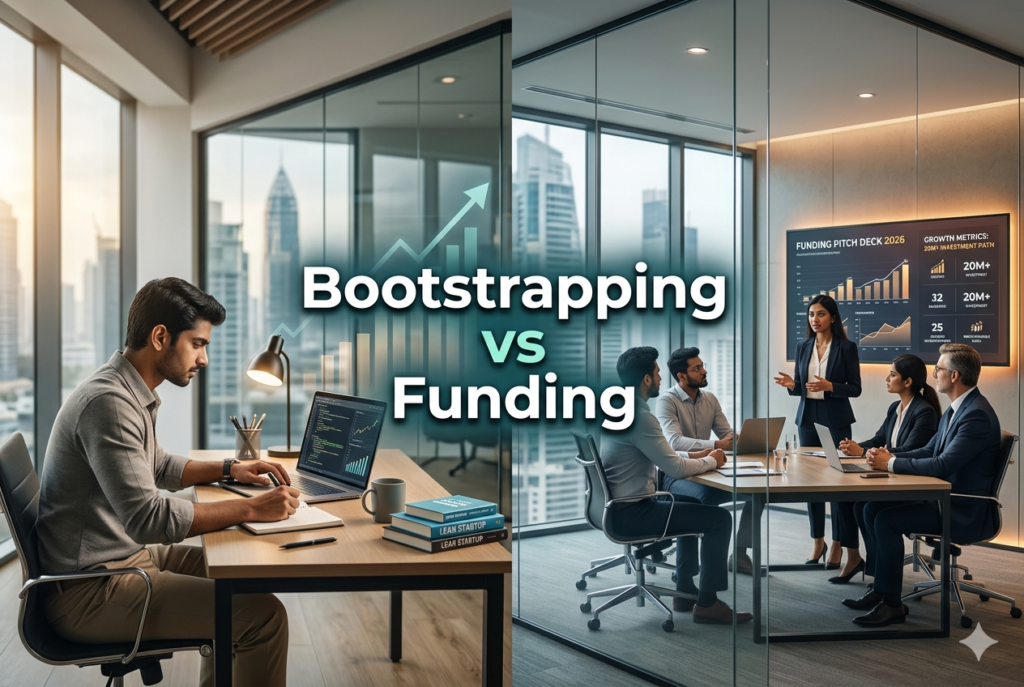 Split workspace showing bootstrapped solo founder and funded startup team presenting to investors with charts under Bootstrapping vs Funding concept