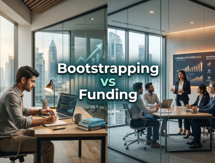 Split workspace showing bootstrapped solo founder and funded startup team presenting to investors with charts under Bootstrapping vs Funding concept