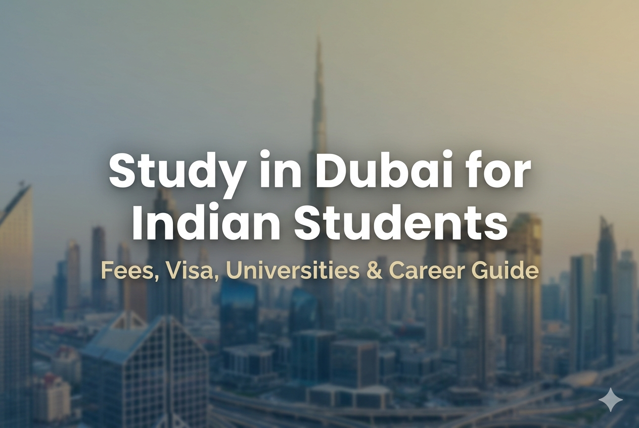 Study in Dubai for Indian students banner with Dubai skyline background