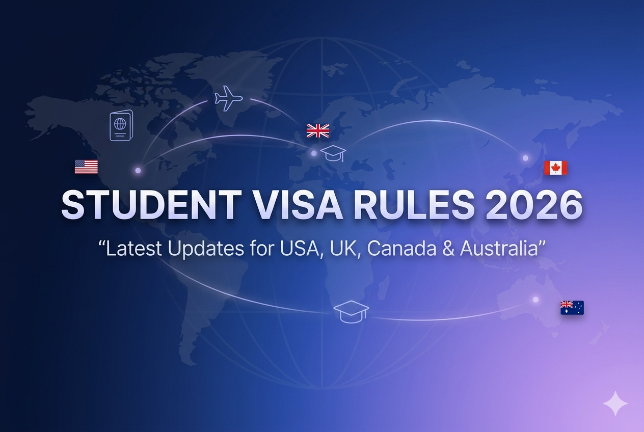 Student visa rules 2026 updates for USA UK Canada and Australia with global study abroad theme