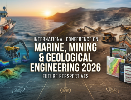 International Conference on Marine Mining Geological Engineering 2026 virtual conference banner showing offshore drilling, mining, and geological analysis