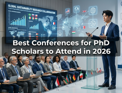 PhD scholar presenting research at an international academic conference with audience and presentation screen