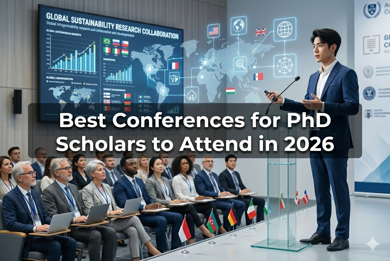 PhD scholar presenting research at an international academic conference with audience and presentation screen