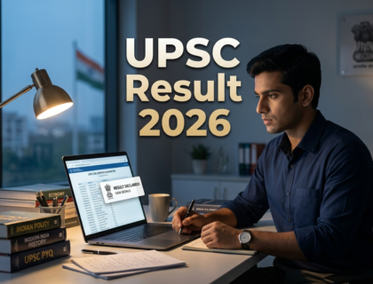 UPSC aspirant checking result on laptop in a disciplined study setup representing UPSC result 2026 prelims and final outcome