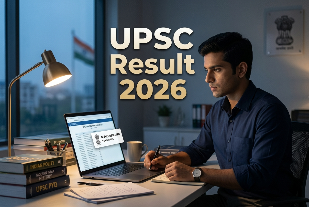 UPSC aspirant checking result on laptop in a disciplined study setup representing UPSC result 2026 prelims and final outcome