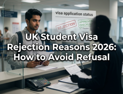 Indian student holding visa application documents at a UK visa processing counter with an official office setting, symbolizing visa rejection reasons and approval process guidance.