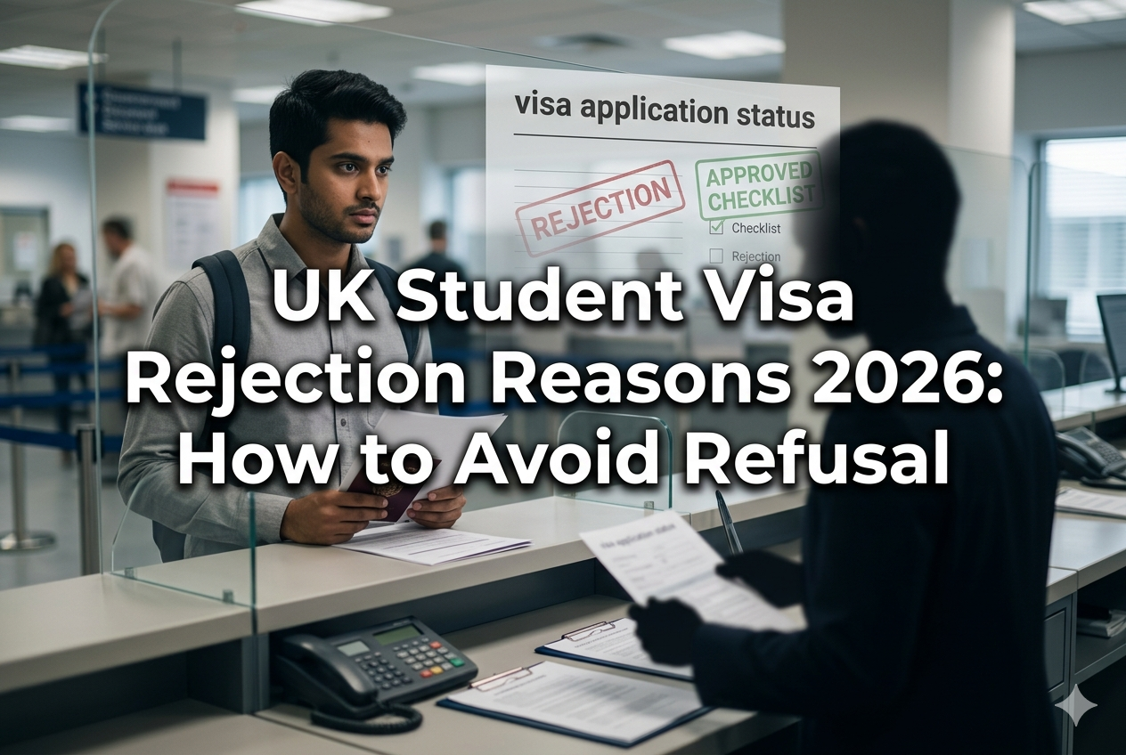 Indian student holding visa application documents at a UK visa processing counter with an official office setting, symbolizing visa rejection reasons and approval process guidance.