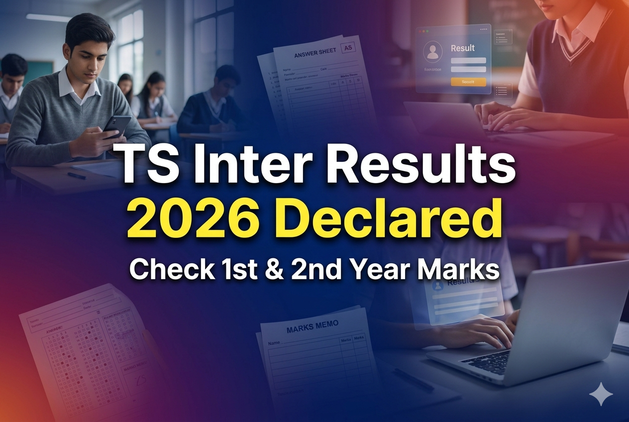TS Inter Results 2026 declared banner showing students checking marks online with result interface