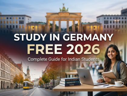 Study in Germany free 2026 banner with student, German skyline, and education theme