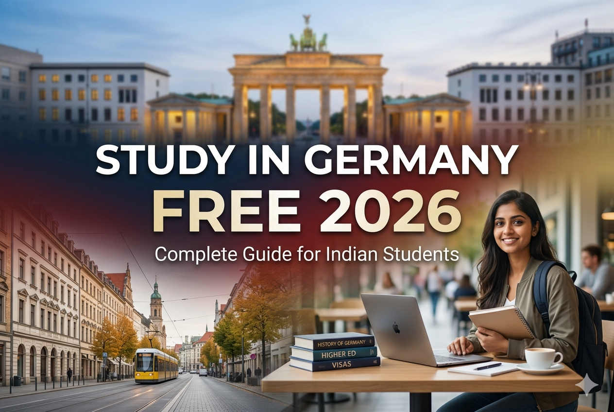 Study in Germany free 2026 banner with student, German skyline, and education theme