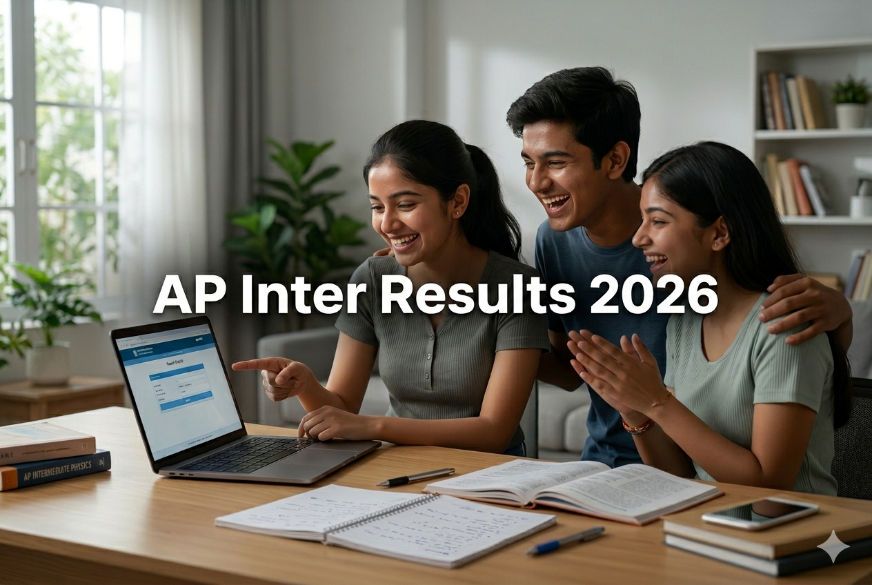 AP Inter Results 2026 students checking intermediate exam results online in Andhra Pradesh on mobile and laptop