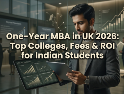 Professional executive education scene showing an Indian student analyzing MBA ROI charts on a tablet in a modern UK business school seminar environment with corporate lighting and presentation screens.