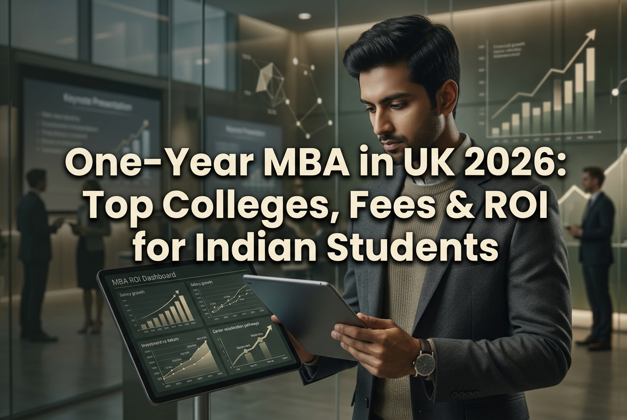 Professional executive education scene showing an Indian student analyzing MBA ROI charts on a tablet in a modern UK business school seminar environment with corporate lighting and presentation screens.