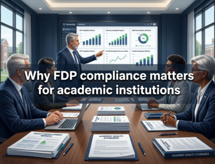Academic administrators and faculty reviewing FDP compliance reports and training data in a professional boardroom with digital dashboards showing institutional quality and accreditation metrics