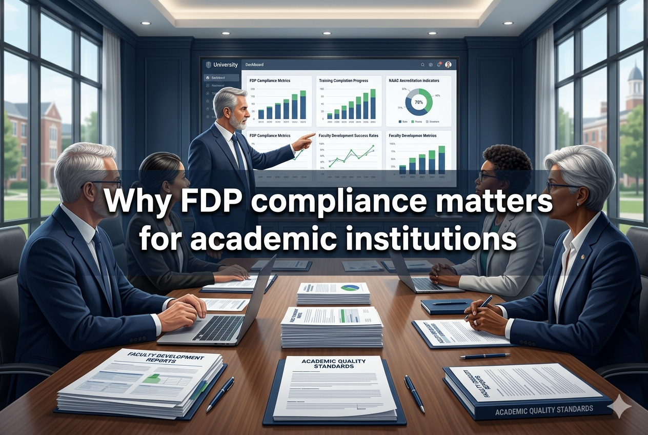 Academic administrators and faculty reviewing FDP compliance reports and training data in a professional boardroom with digital dashboards showing institutional quality and accreditation metrics