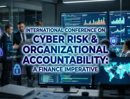 Cyber risk finance conference concept showing digital security, banking systems, and governance network visualization