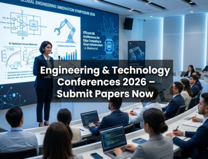 Engineer presenting research paper at a technology conference with digital screen and professional audience