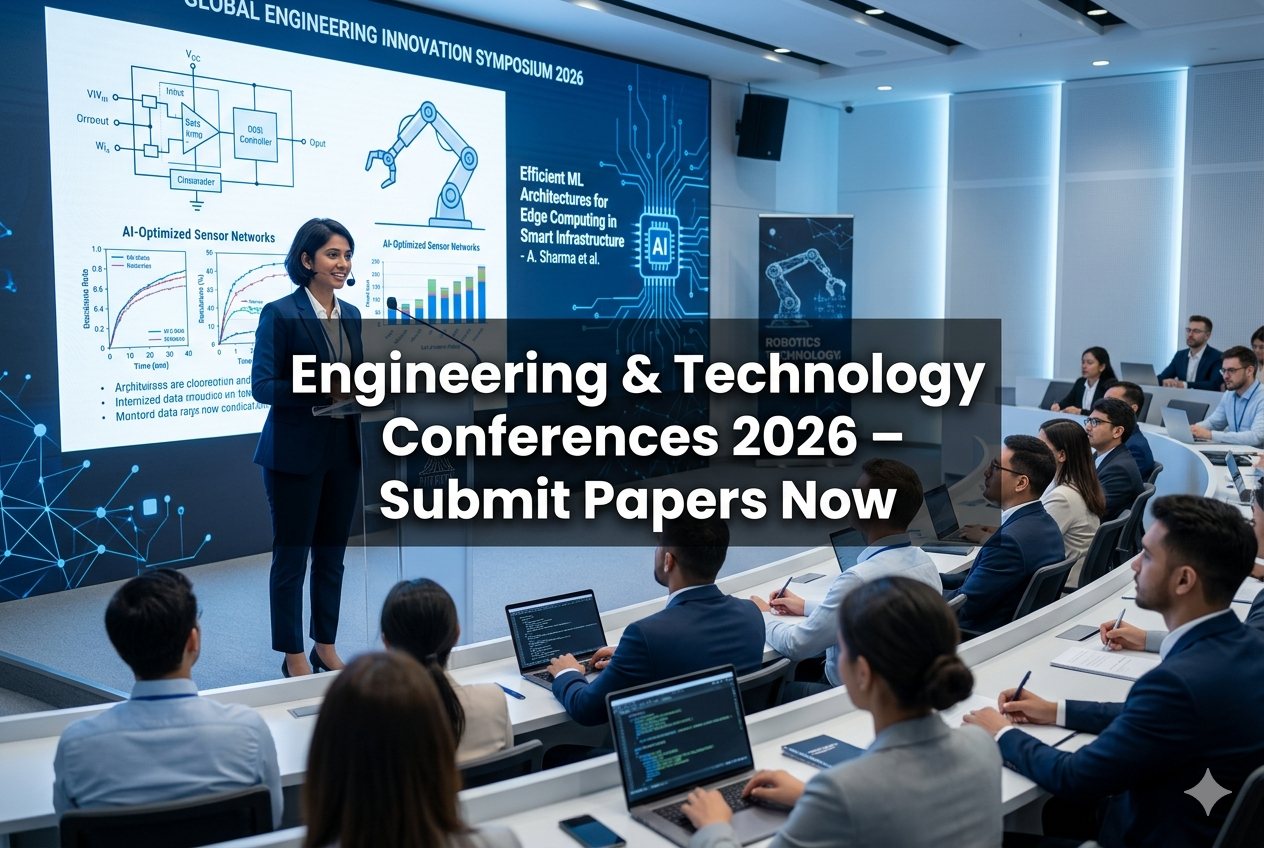 Engineer presenting research paper at a technology conference with digital screen and professional audience