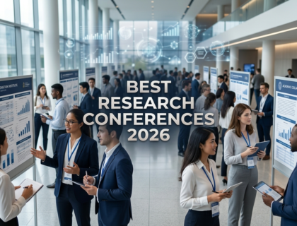 Professional academic conference scene with university students presenting research and networking at an international event, highlighting best research conferences students 2026