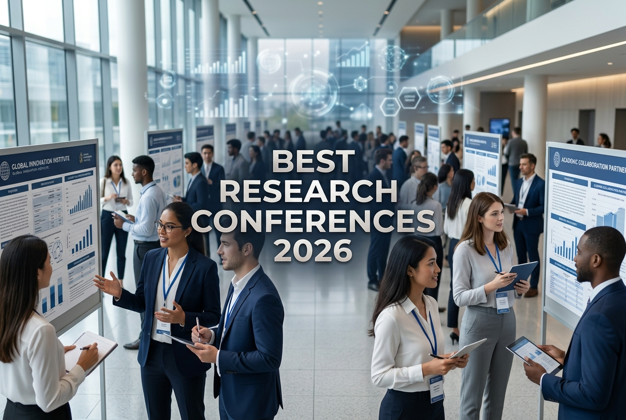 Professional academic conference scene with university students presenting research and networking at an international event, highlighting best research conferences students 2026