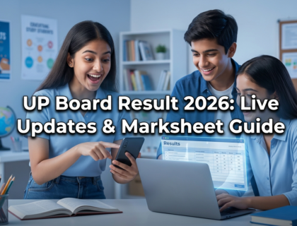 Students checking UP Board Result 2026 on phone and laptop with marksheet guide headline
