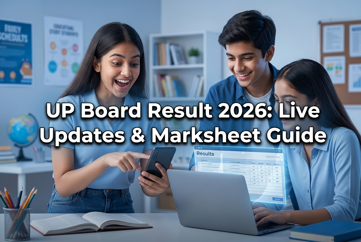 Students checking UP Board Result 2026 on phone and laptop with marksheet guide headline