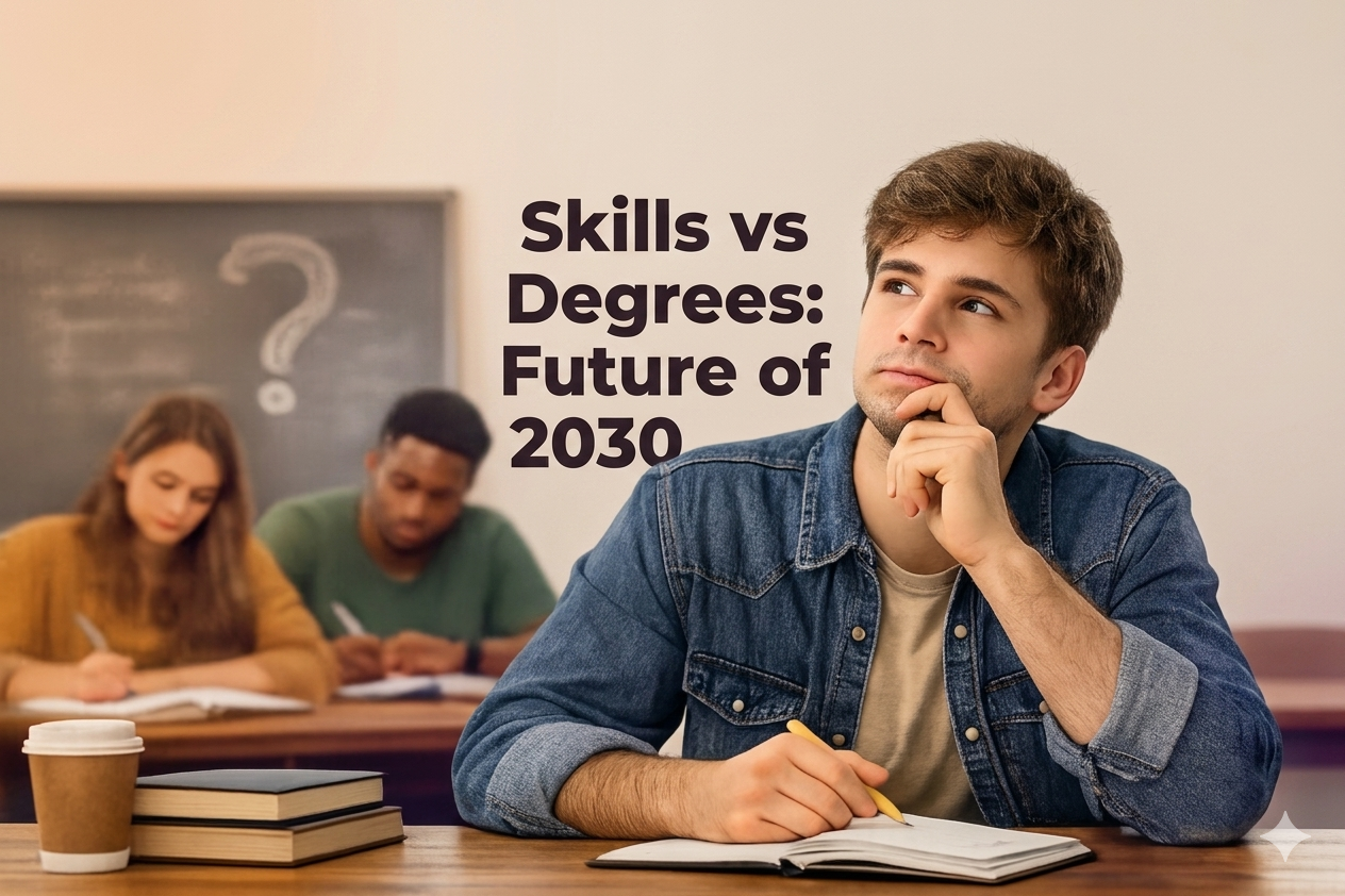 Future jobs skills over degrees education and career comparison concept