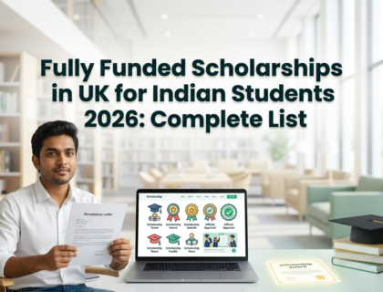 Indian student holding a scholarship award letter in a modern UK university setting with laptop showing funding icons and academic documents, symbolizing fully funded study opportunities.