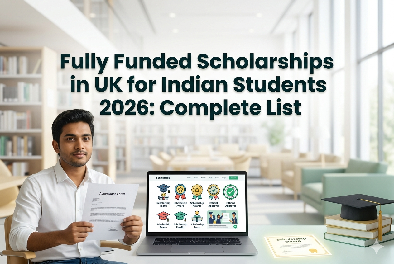 Indian student holding a scholarship award letter in a modern UK university setting with laptop showing funding icons and academic documents, symbolizing fully funded study opportunities.