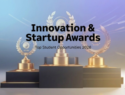 Innovation and startup awards for students 2026 banner with modern startup workspace background