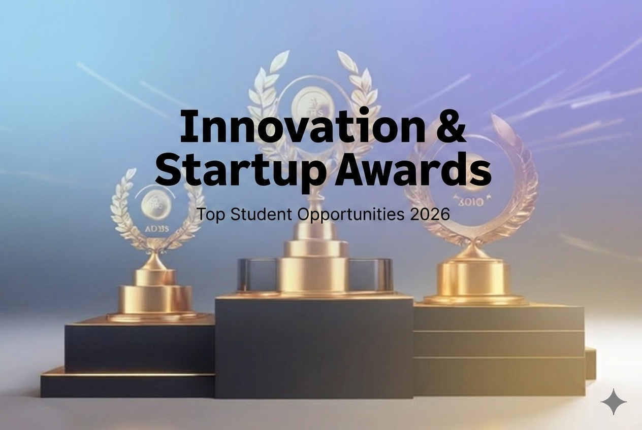 Innovation and startup awards for students 2026 banner with modern startup workspace background