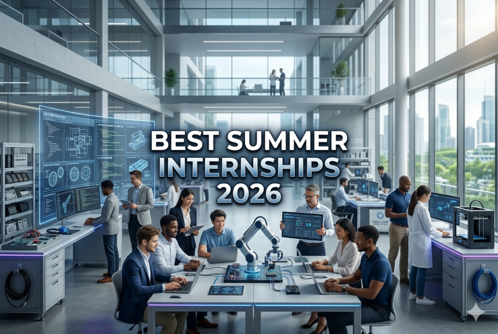 Engineering students working in a professional tech environment with mentors, representing best summer internships engineering students 2026