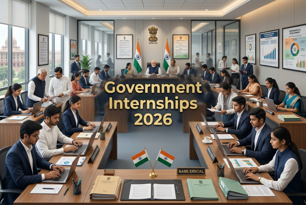 Students working with government officials in a professional office setting representing government internships students India 2026